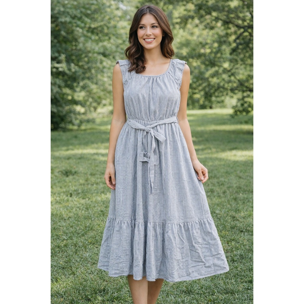 Linen Blend Midi Dress Women XL Blue White Flutter Sleeve Tiered Coastal